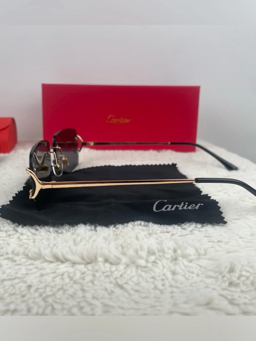 Cartier Big C Diamond Cut Sunglasses Black Lenses Gold Frame